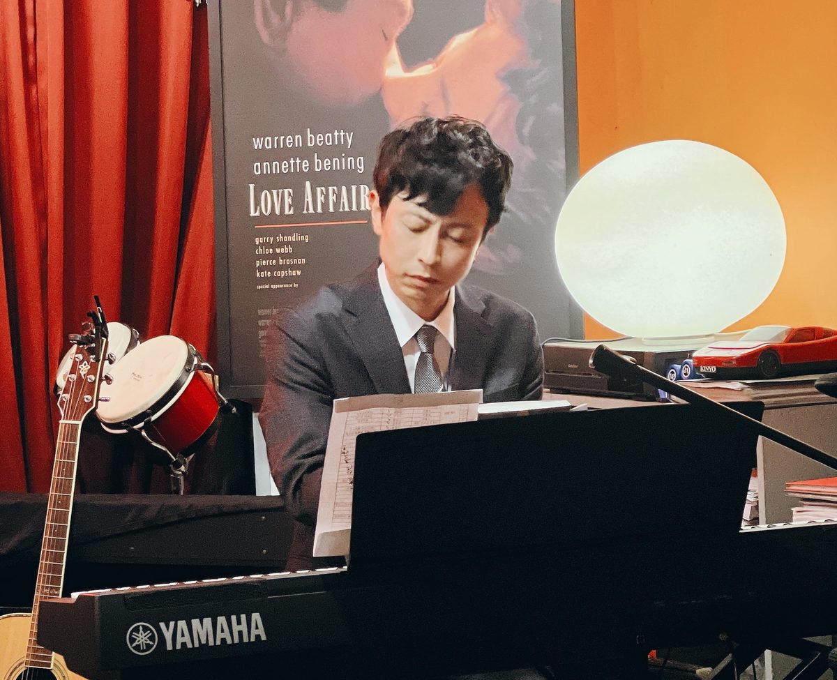 At the piano at the launch party for Schoolgirl Champ King Arthur, in a live club in Hongdae, Seoul.